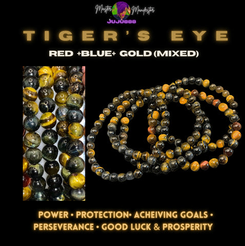 Tigers Eye Bracelet (Gold+Blue+Red) | 6mm